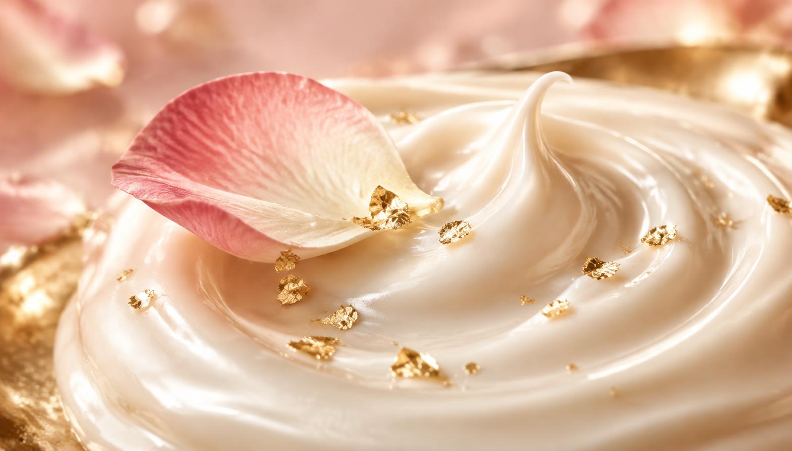 Swirls of rich cream with a rose petal and gold leaf