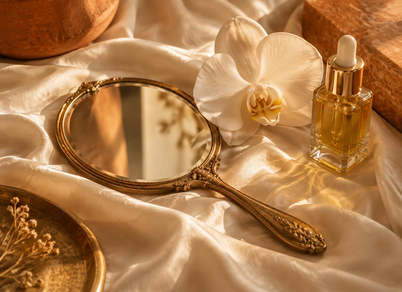Hands holding a gold mirror reflecting warm light