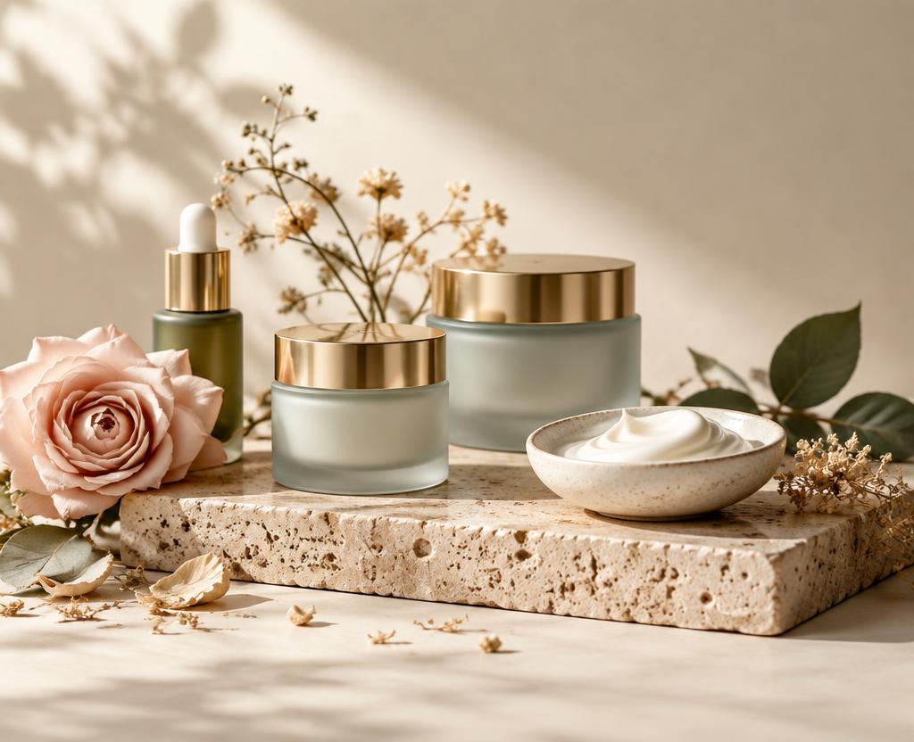 Skincare bottles arranged on natural stone